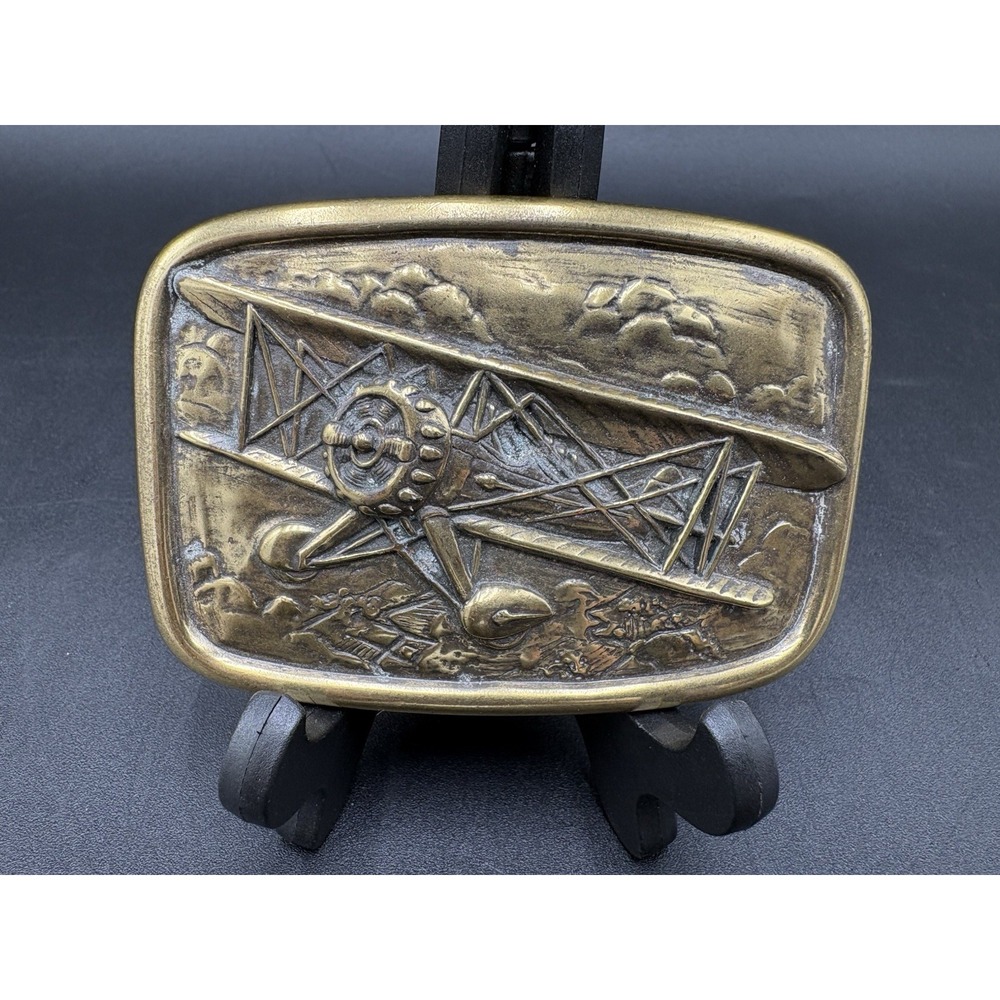 Vtg Airplane Biplane Aviation Belt Buckle Avon Propeller Brass 1985 US Seller